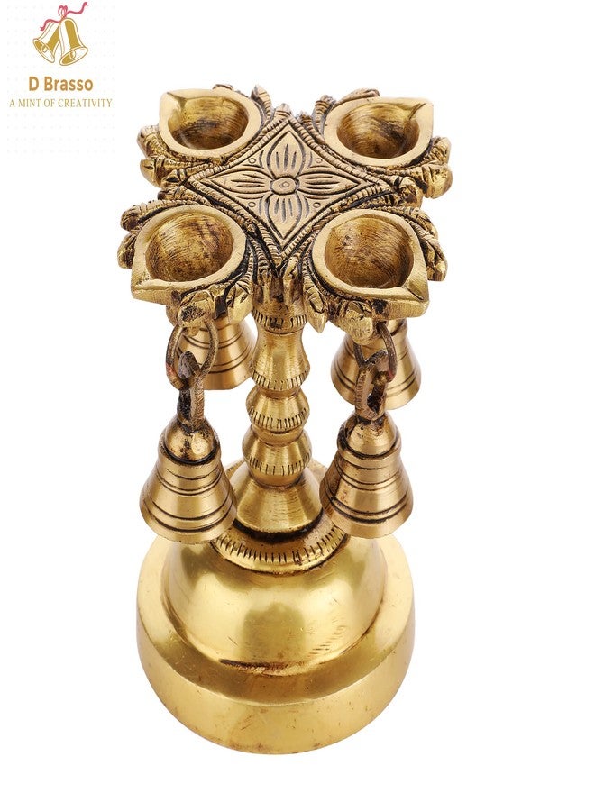 D Brasso Brass Handmade 4 Wick Oil Diya | Antique Finish Brass Diya with Bells | Traditional Pooja Lamp for Temple & Mandir - Image 2